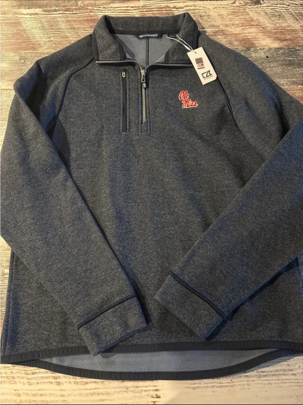 Cutter & Buck Men’s Half-Zip Pullover - Navy Heather with Red Logo. Ole Miss